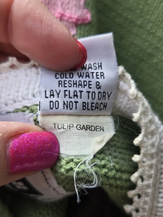 Storybook Knits Green and White Floral Appliqué Women’s Sweater Cardigan Tulips - Picture 10 of 10